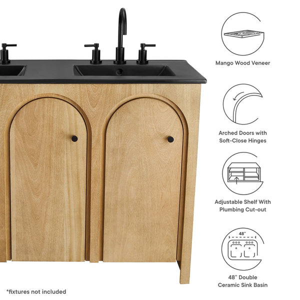Modway Furniture Appia 48" Double Sink Bathroom Vanity with Retro Charm, Soft-Close Doors, & Ample Storage Space Oak Black EEI-6793-OAK-BLK