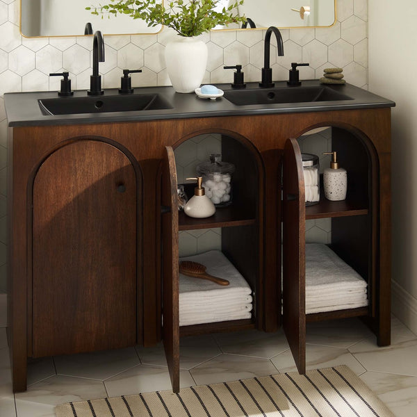 Modway Furniture Appia 48" Double Sink Bathroom Vanity with Retro Charm, Soft-Close Doors, & Ample Storage Space Walnut Black EEI-6793-WAL-BLK