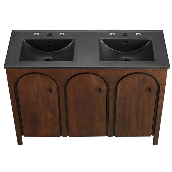 Modway Furniture Appia 48" Double Sink Bathroom Vanity with Retro Charm, Soft-Close Doors, & Ample Storage Space Walnut Black EEI-6793-WAL-BLK