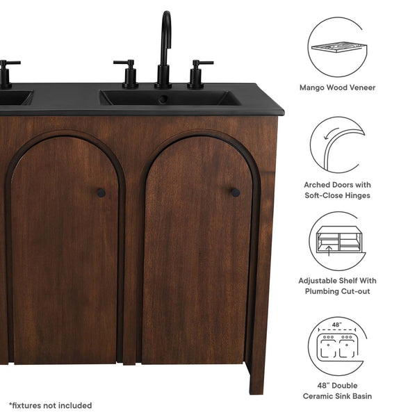 Modway Furniture Appia 48" Double Sink Bathroom Vanity with Retro Charm, Soft-Close Doors, & Ample Storage Space Walnut Black EEI-6793-WAL-BLK
