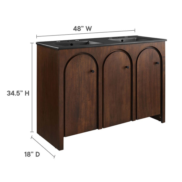 Modway Furniture Appia 48" Double Sink Bathroom Vanity with Retro Charm, Soft-Close Doors, & Ample Storage Space Walnut Black EEI-6793-WAL-BLK