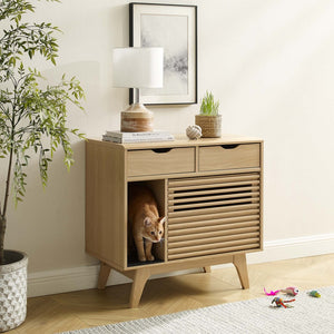 Modway Furniture Render Cat Cabinet by Modway - Stylish Mid-Century Modern Furniture for Litter Box Concealment Oak EEI-6796-OAK