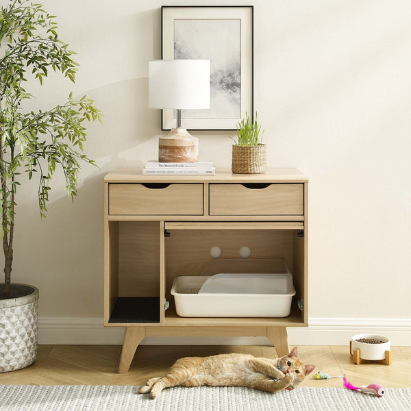 Modway Furniture Render Cat Cabinet by Modway - Stylish Mid-Century Modern Furniture for Litter Box Concealment Oak EEI-6796-OAK