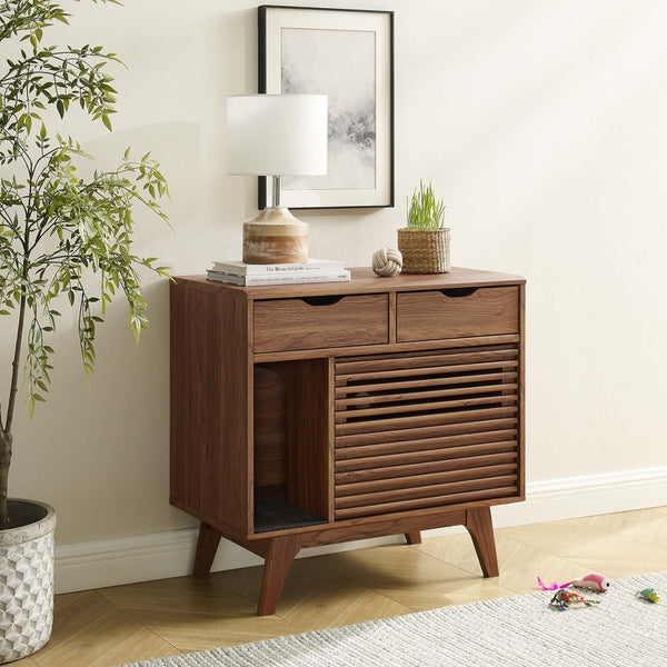 Modway Furniture Render Cat Cabinet by Modway - Stylish Mid-Century Modern Furniture for Litter Box Concealment Walnut EEI-6796-WAL