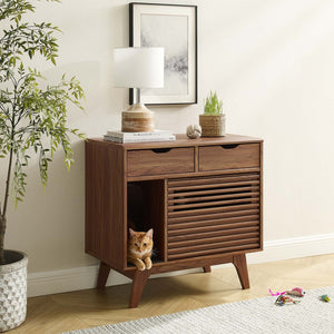 Modway Furniture Render Cat Cabinet by Modway - Stylish Mid-Century Modern Furniture for Litter Box Concealment Walnut EEI-6796-WAL