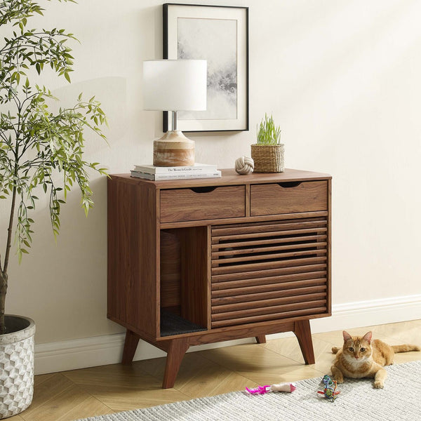 Modway Furniture Render Cat Cabinet by Modway - Stylish Mid-Century Modern Furniture for Litter Box Concealment Walnut EEI-6796-WAL