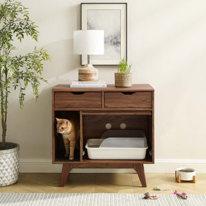 Modway Furniture Render Cat Cabinet by Modway - Stylish Mid-Century Modern Furniture for Litter Box Concealment Walnut EEI-6796-WAL