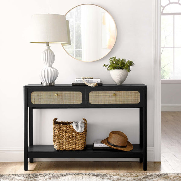 Modway Furniture Chaucer Console Table - Stylish Entryway Accent with Rattan-Textured Drawers and Open Display Space Black EEI-6797-BLK