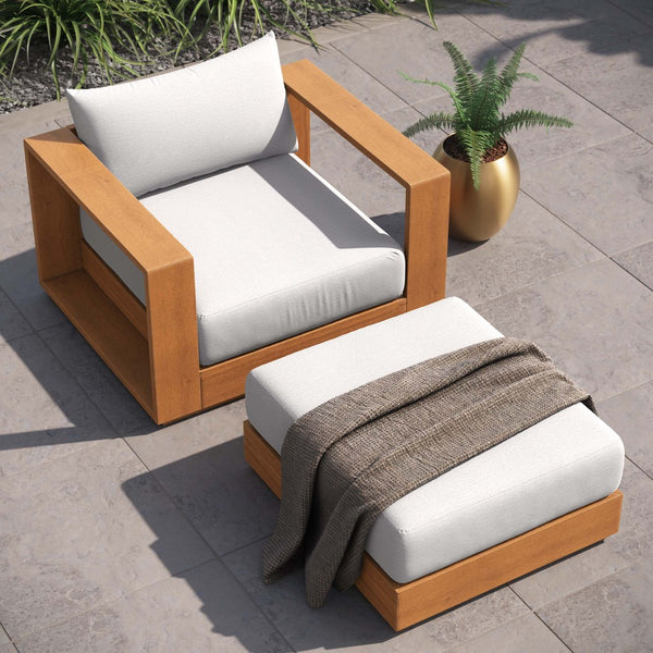 Modway Furniture Tahoe 2-Piece Outdoor Acacia Wood Lounge Chair and Ottoman Set for Stylish Patio Relaxation Natural Light Gray EEI-6800-NAT-LGR