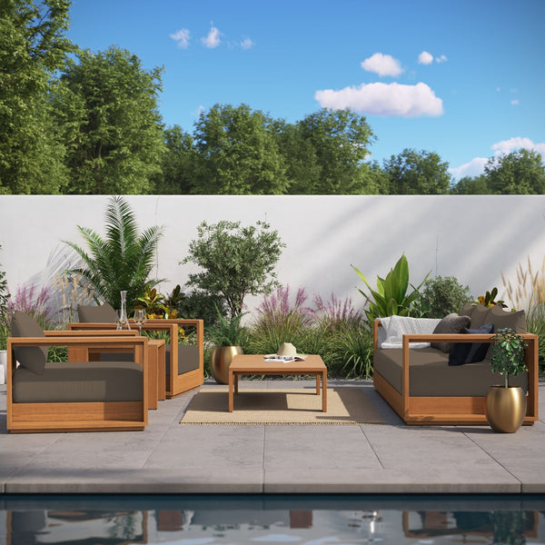 Modway Furniture Tahoe 5-Piece Outdoor Patio Acacia Wood Furniture Set - Stylish, Durable, and Weather-Ready Comfort Natural Cocoa EEI-6801-NAT-COA