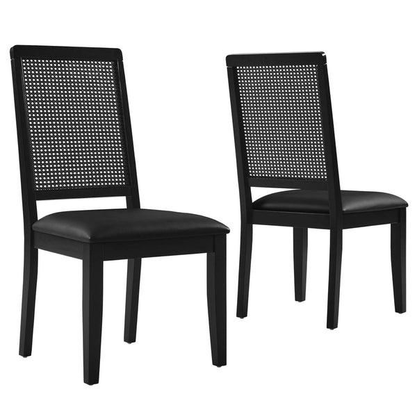 Modway Furniture Arlo Vegan Leather Dining Side Chairs Set of 2 - Stylish Faux Rattan and Wood for Modern Homes Black Black EEI-6802-BLK-BLK-BLK