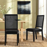 Arlo Vegan Leather Upholstered Faux Rattan and Wood Dining Side Chairs Set of 2 Black, Black Black EEI-6802-BLK-BLK-BLK