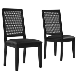 Arlo Vegan Leather Upholstered Faux Rattan and Wood Dining Side Chairs Set of 2 Black, Black Black EEI-6802-BLK-BLK-BLK