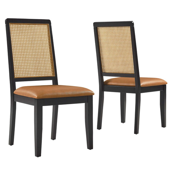 Modway Furniture Arlo Vegan Leather Dining Side Chairs Set of 2 - Stylish Faux Rattan and Wood for Modern Homes Black Natural Tan EEI-6802-BLK-NAT-TAN