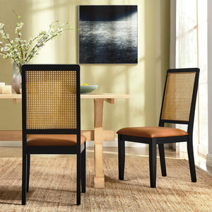 Modway Furniture Arlo Vegan Leather Dining Side Chairs Set of 2 - Stylish Faux Rattan and Wood for Modern Homes Black Natural Tan EEI-6802-BLK-NAT-TAN