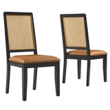 Arlo Vegan Leather Upholstered Faux Rattan and Wood Dining Side Chairs Set of 2 Brown, Black Natural Tan EEI-6802-BLK-NAT-TAN