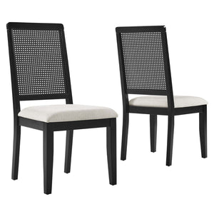 Modway Furniture Arlo Faux Rattan and Wood Dining Side Chairs Set of 2 - Stylish Comfort for Modern Dining Spaces Black Black Heathered Weave Ivory EEI-6803-BLK-BLK-HEI