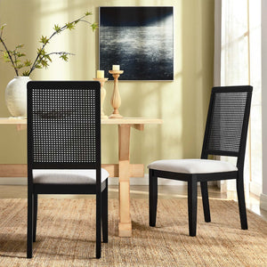 Modway Furniture Arlo Faux Rattan and Wood Dining Side Chairs Set of 2 - Stylish Comfort for Modern Dining Spaces Black Black Heathered Weave Ivory EEI-6803-BLK-BLK-HEI