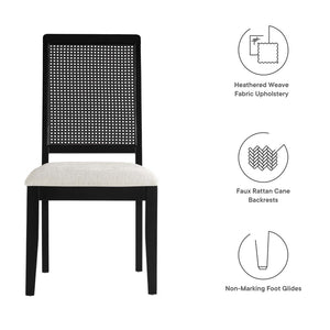 Modway Furniture Arlo Faux Rattan and Wood Dining Side Chairs Set of 2 - Stylish Comfort for Modern Dining Spaces Black Black Heathered Weave Ivory EEI-6803-BLK-BLK-HEI