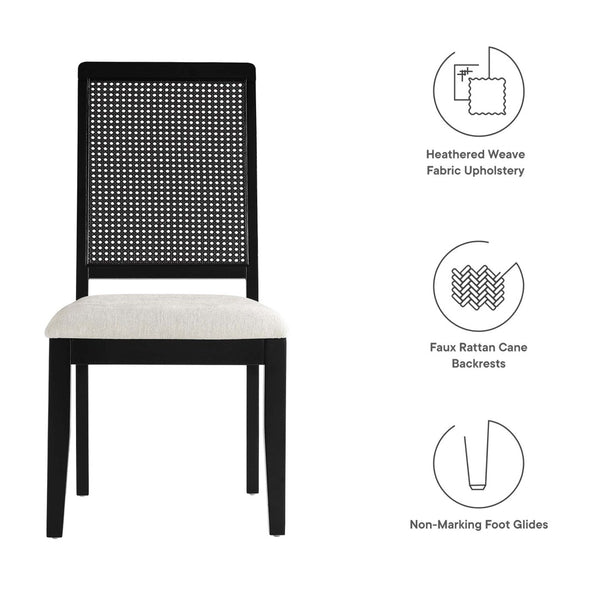 Modway Furniture Arlo Faux Rattan and Wood Dining Side Chairs Set of 2 - Stylish Comfort for Modern Dining Spaces Black Black Heathered Weave Ivory EEI-6803-BLK-BLK-HEI