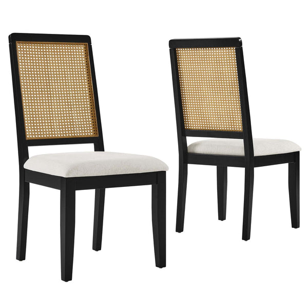 Modway Furniture Arlo Faux Rattan and Wood Dining Side Chairs Set of 2 - Stylish Comfort for Modern Dining Spaces Black Natural Heathered Weave Ivory EEI-6803-BLK-NAT-HEI
