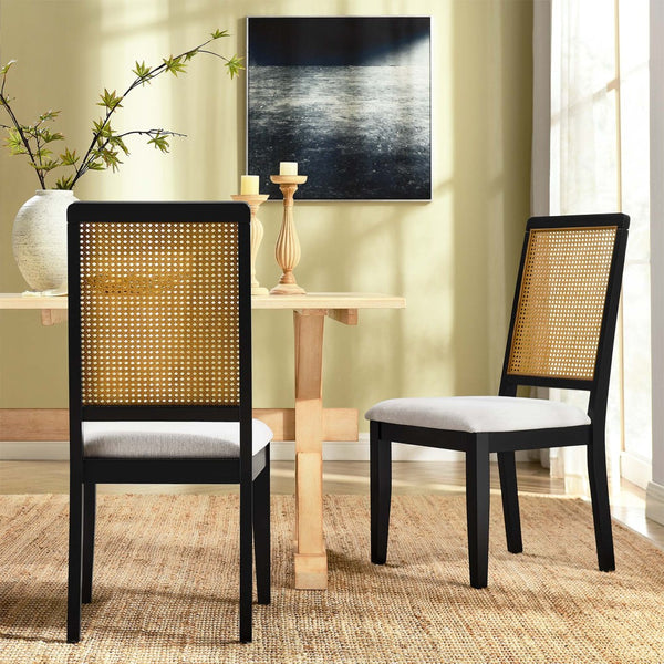 Modway Furniture Arlo Faux Rattan and Wood Dining Side Chairs Set of 2 - Stylish Comfort for Modern Dining Spaces Black Natural Heathered Weave Ivory EEI-6803-BLK-NAT-HEI