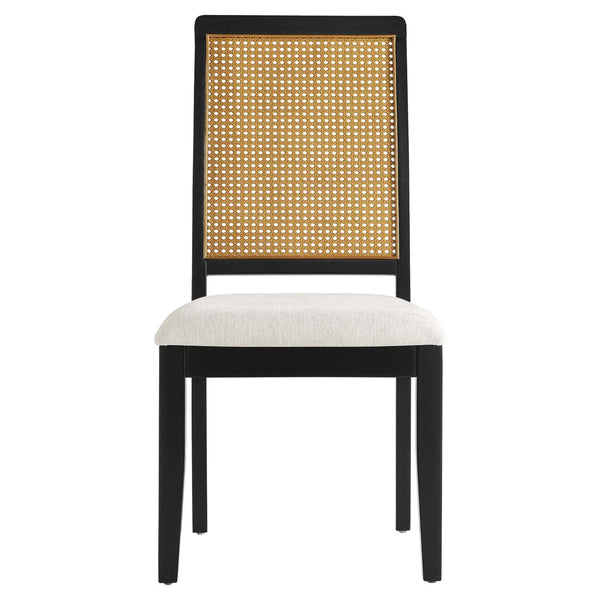 Modway Furniture Arlo Faux Rattan and Wood Dining Side Chairs Set of 2 - Stylish Comfort for Modern Dining Spaces Black Natural Heathered Weave Ivory EEI-6803-BLK-NAT-HEI