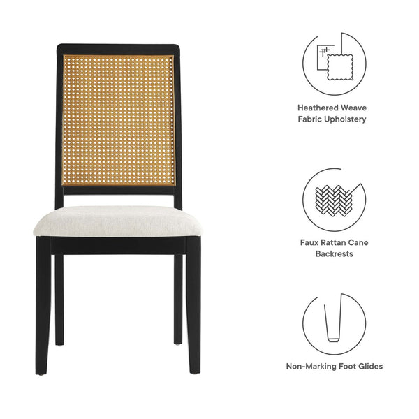 Modway Furniture Arlo Faux Rattan and Wood Dining Side Chairs Set of 2 - Stylish Comfort for Modern Dining Spaces Black Natural Heathered Weave Ivory EEI-6803-BLK-NAT-HEI