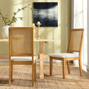 Modway Furniture Arlo Faux Rattan and Wood Dining Side Chairs Set of 2 - Stylish Comfort for Modern Dining Spaces Natural Natural Heathered Weave Light Beige EEI-6803-NAT-NAT-HLB