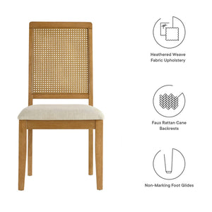 Modway Furniture Arlo Faux Rattan and Wood Dining Side Chairs Set of 2 - Stylish Comfort for Modern Dining Spaces Natural Natural Heathered Weave Light Beige EEI-6803-NAT-NAT-HLB