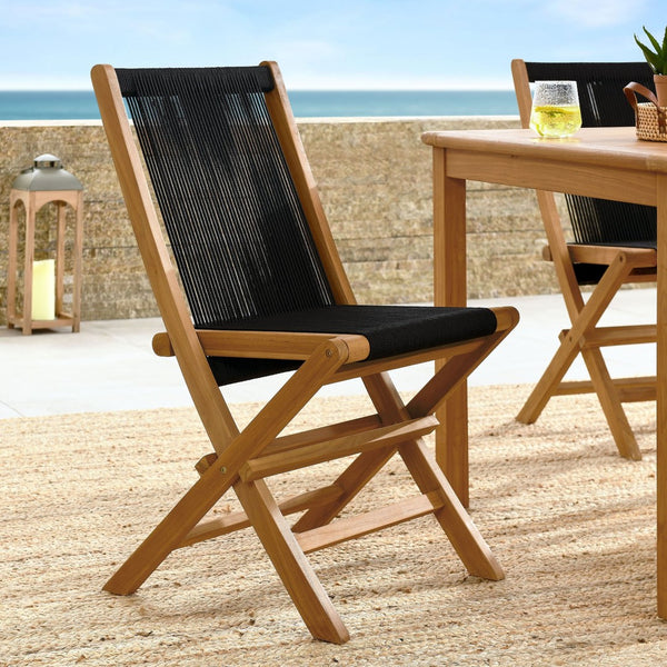 Modway Furniture Vienna Outdoor Folding Chairs Set of 4 - Teak & Rope Design for Stylish and Comfortable Dining Natural Black EEI-6807-NAT-BLK
