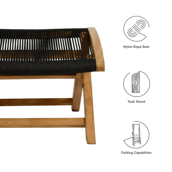 Modway Furniture Vienna Outdoor Patio Folding Ottoman - Stylish Teak and Rope Design for Relaxation and Versatility Natural Black EEI-6809-NAT-BLK