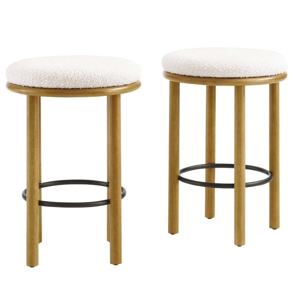 Modway Furniture Fable Boucle Fabric Counter Stools Set of 2 - Plush Comfort, Durable Design, Stylish Backless Seating Oak Ivory EEI-6818-OAK-IVO