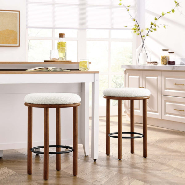 Modway Furniture Fable Boucle Fabric Counter Stools Set of 2 - Plush Comfort, Durable Design, Stylish Backless Seating Walnut Ivory EEI-6818-WAL-IVO