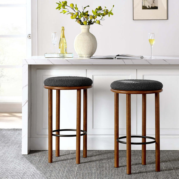 Modway Furniture Fable Boucle Fabric Bar Stools Set of 2 – Modern Comfort with Durable Design for Any Space Walnut Charcoal EEI-6819-WAL-CHA