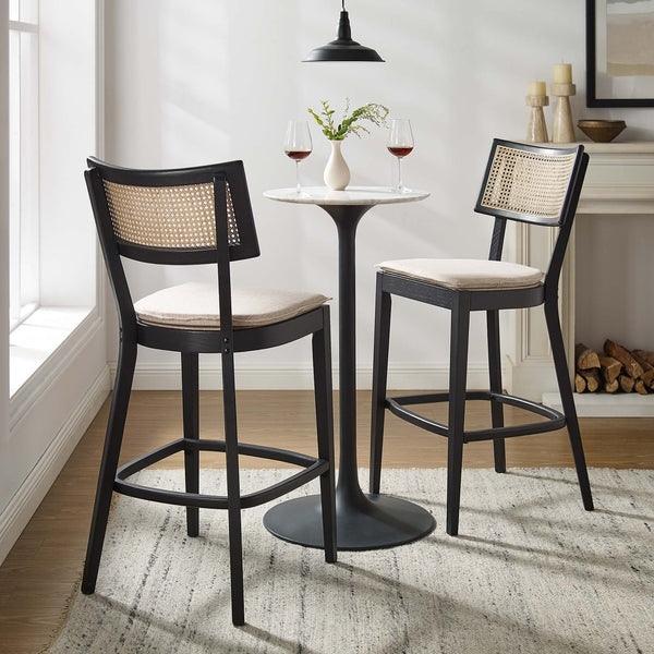 Modway Furniture Caledonia Wood Bar Stools Set of 2 - Stylish Elm Frame, Plush Cushions, Perfect for Any Space Black Beige EEI-6820-BLK-BEI