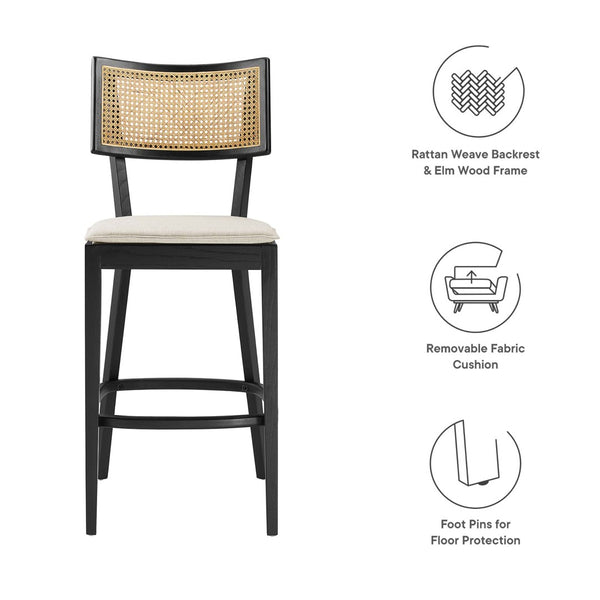 Modway Furniture Caledonia Wood Bar Stools Set of 2 - Stylish Elm Frame, Plush Cushions, Perfect for Any Space Black Beige EEI-6820-BLK-BEI