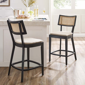 Modway Furniture Caledonia Wood Counter Stools Set of 2 – Stylish Elm Frame with Rattan Backrest for Comfort & Support Black Beige EEI-6821-BLK-BEI