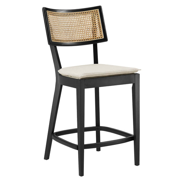 Modway Furniture Caledonia Wood Counter Stools Set of 2 – Stylish Elm Frame with Rattan Backrest for Comfort & Support Black Beige EEI-6821-BLK-BEI
