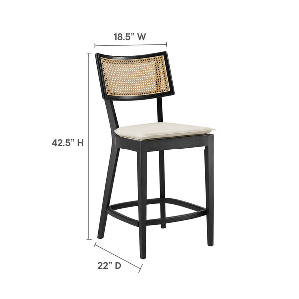 Modway Furniture Caledonia Wood Counter Stools Set of 2 – Stylish Elm Frame with Rattan Backrest for Comfort & Support Black Beige EEI-6821-BLK-BEI