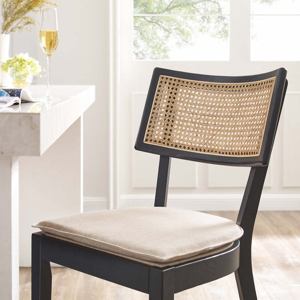 Modway Furniture Caledonia Wood Counter Stools Set of 2 – Stylish Elm Frame with Rattan Backrest for Comfort & Support Black Beige EEI-6821-BLK-BEI