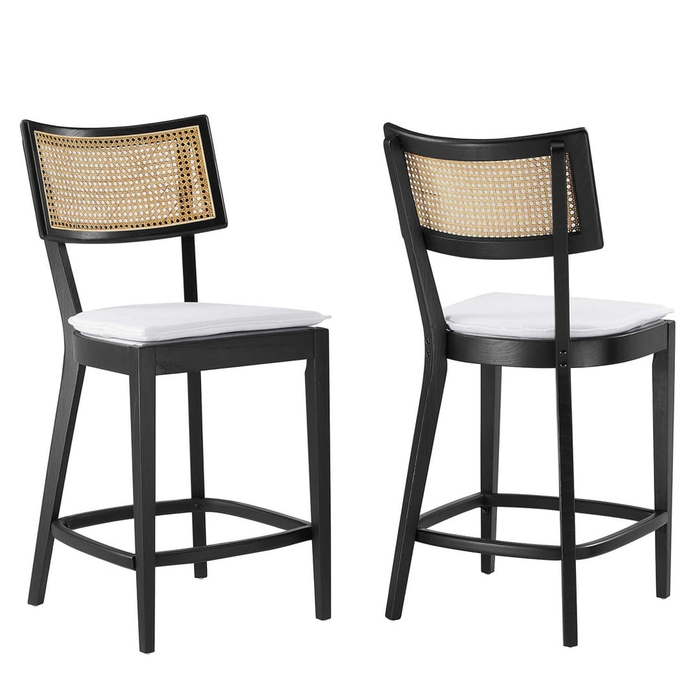 Modway Furniture Caledonia Wood Counter Stools Set of 2 – Stylish Elm Frame with Rattan Backrest for Comfort & Support Black White EEI-6821-BLK-WHI