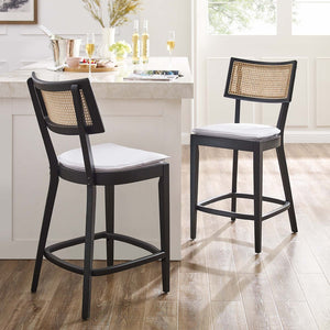 Modway Furniture Caledonia Wood Counter Stools Set of 2 – Stylish Elm Frame with Rattan Backrest for Comfort & Support Black White EEI-6821-BLK-WHI