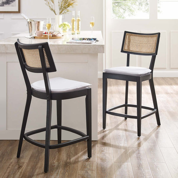 Modway Furniture Caledonia Wood Counter Stools Set of 2 – Stylish Elm Frame with Rattan Backrest for Comfort & Support Black White EEI-6821-BLK-WHI