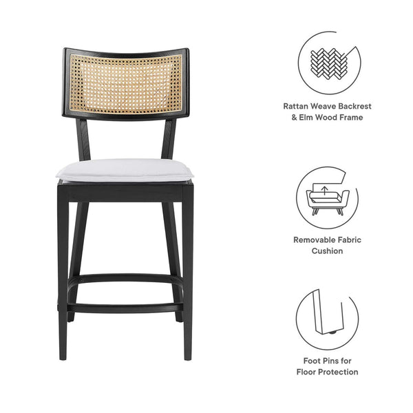 Modway Furniture Caledonia Wood Counter Stools Set of 2 – Stylish Elm Frame with Rattan Backrest for Comfort & Support Black White EEI-6821-BLK-WHI
