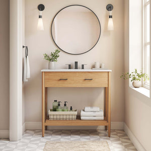 Modway Furniture Zaire 36" Bathroom Vanity by Modway - Mid-Century Modern Design with Ample Storage and Style Natural White EEI-6822-NAT-WHI