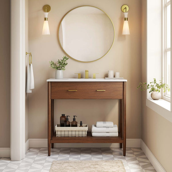 Modway Furniture Zaire 36" Bathroom Vanity by Modway - Mid-Century Modern Design with Ample Storage and Style Walnut White EEI-6822-WAL-WHI
