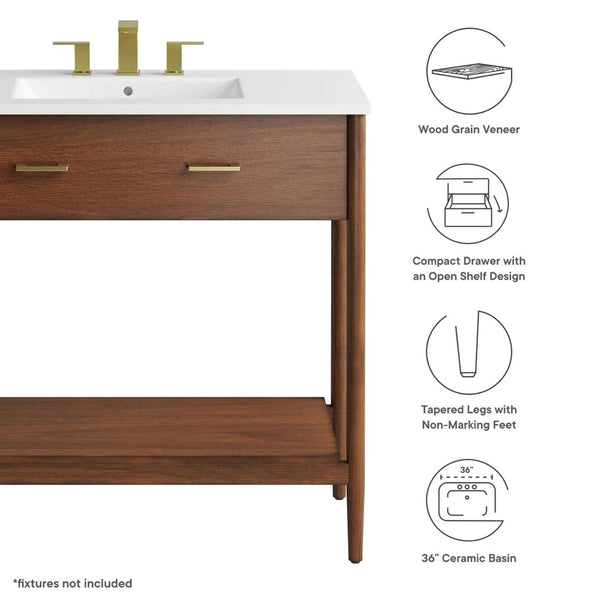 Modway Furniture Zaire 36" Bathroom Vanity by Modway - Mid-Century Modern Design with Ample Storage and Style Walnut White EEI-6822-WAL-WHI
