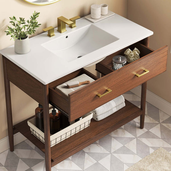 Modway Furniture Zaire 36" Bathroom Vanity by Modway - Mid-Century Modern Design with Ample Storage and Style Walnut White EEI-6822-WAL-WHI