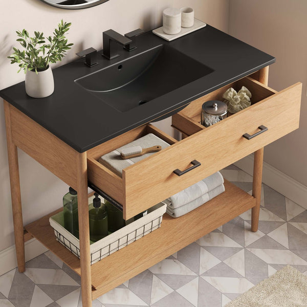 Modway Furniture Zaire 36" Bathroom Vanity - Mid-Century Modern Design with Durable Ceramic Basin and Ample Storage Natural Black EEI-6823-NAT-BLK